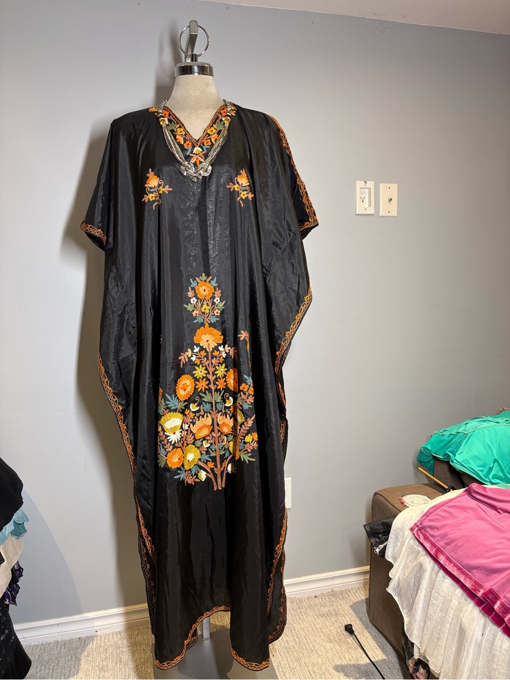 Black Embroidered Maxi Dress with Orange Floral Motif